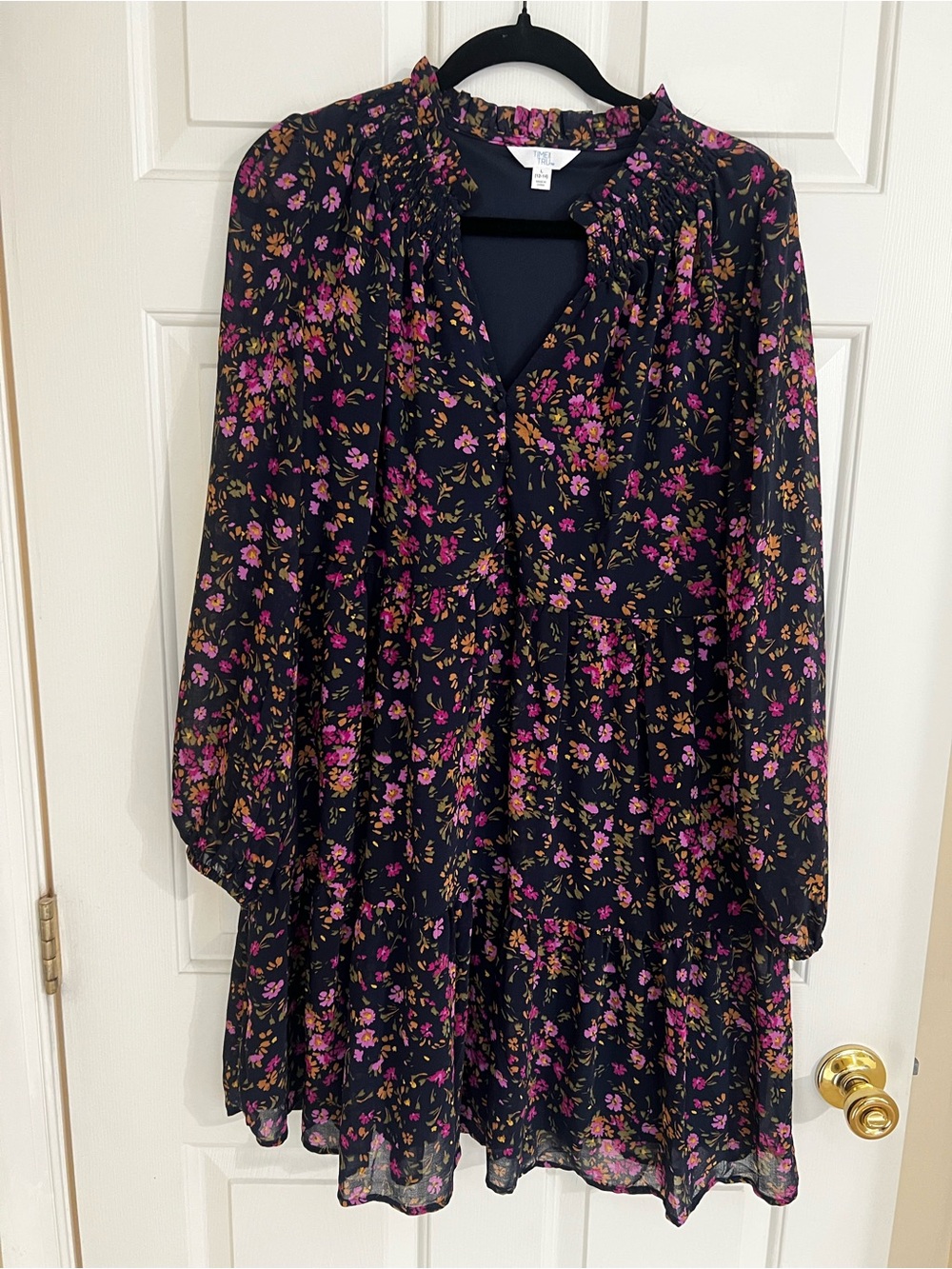 Floral Long-Sleeve Ruffle-Yoke Dress in Black and Pink